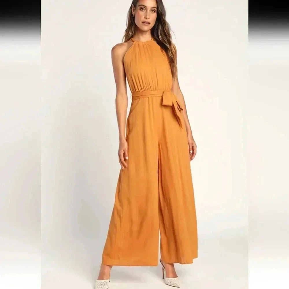 Lulus Reach for Radiance Marigold Halter Wide-Leg Jumpsuit Size M NWT - Picture 2 of 14